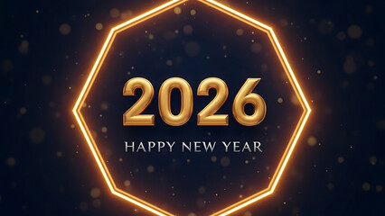 2026 happy new year golden 3d text within bright glowing octagon frame on dark bokeh background