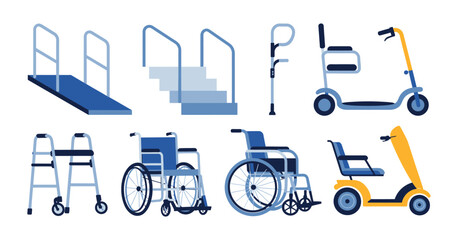 Orthopedic Accessibility Equipment and Mobility Aid Set, Wheelchairs, Walkers, Crutches, Stair Ramp and Electric Scooter, Disabled Access Illustration