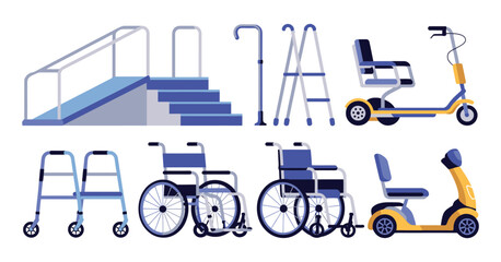 Orthopedic Accessibility Equipment and Mobility Aid Set, Wheelchairs, Walkers, Crutches, Stair Ramp and Electric Scooter, Disabled Access Illustration