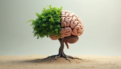 Human brain fused with green tree, roots grow in sand. Symbolizes mental growth insight therapy and new ideas. Represents intellect development and mind renewal.