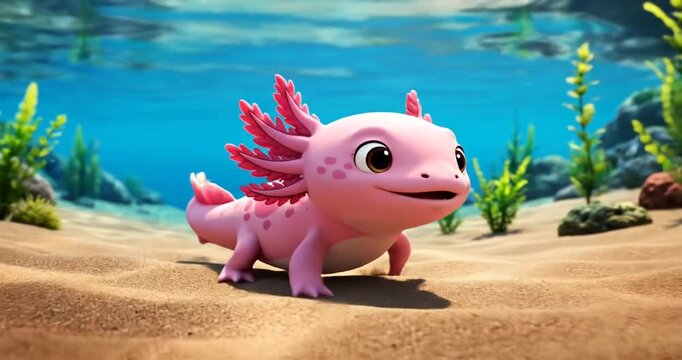 Cute pink axolotl exploring a sandy underwater environment with sunlight filtering through