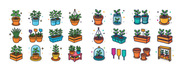 Fototapeta premium Colorful cartoon houseplants in pots and planters