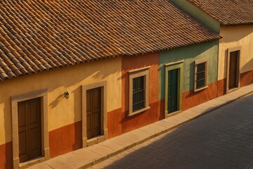 Tiled rooftop textures on colorful Guanajuato style houses in Mexico with colonial architecture.