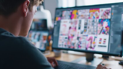 Medium shot showing a graphic designer customizing image variations on a computer screen for tailored direct mail campaigns using variable data printing technology.