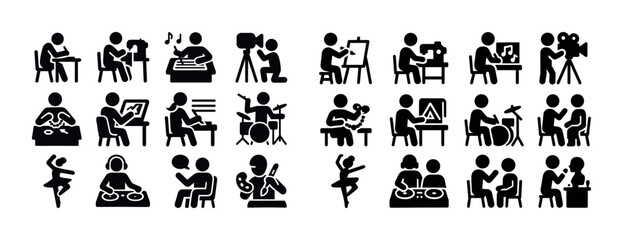 Diverse icon set of creative activities and art forms in black a