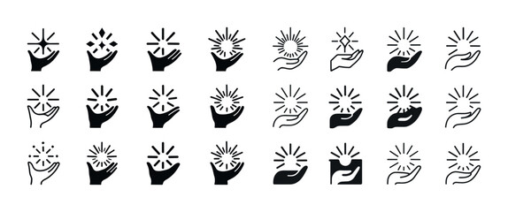 Fototapeta premium Set of hands holding sparkles icon collection in various styles