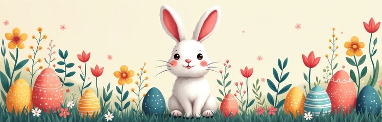 Cute white bunny sits among colorful Easter eggs and spring flowers. This happy scene evokes festive joy and holiday traditions perfect for greeting cards.
