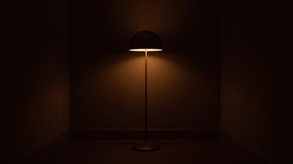 Designer floor lamp illuminating neutral dark corner with soft ambient lighting
