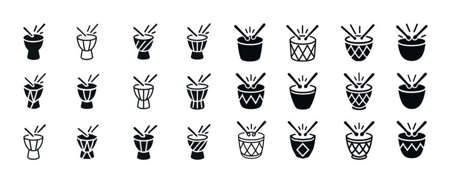 Collection of hand-drawn drum icons in black and white