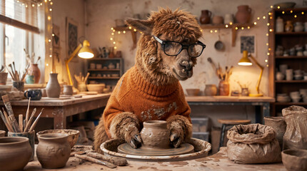 Funny alpaca covered in clay creating ceramic ware in a cozy workshop