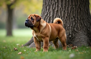 Obraz premium Tan sharpei puppy stands in green grass near large tree trunk. Adorable dog with wrinkled face, curled tail looks sideways. Autumn leaves on ground, soft focus background suggests park yard setting.