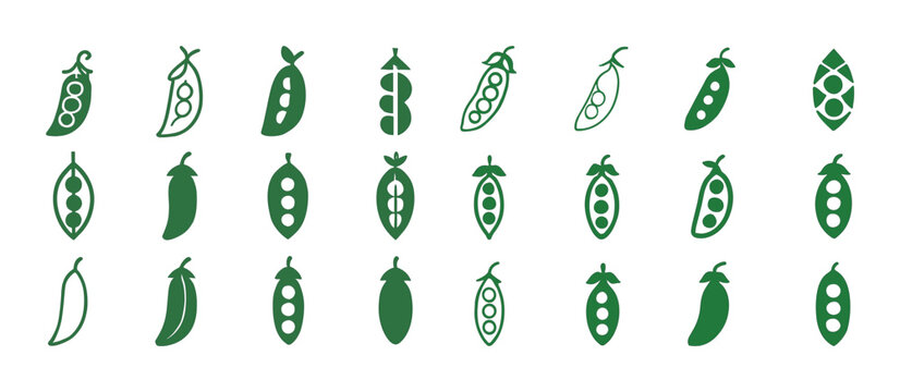 Collection of green pea pod icons with different designs in rows