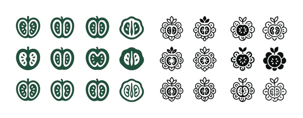 Set of decorative fruit icons in green and black styles