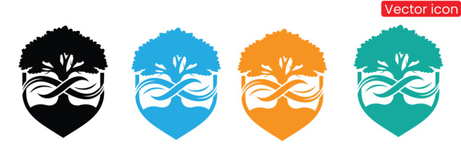 Set of colorful tree icons in shield shapes for eco branding