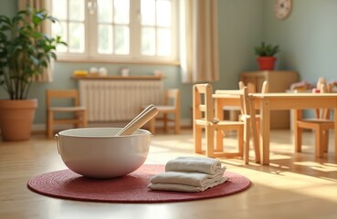 Montessori classroom with wooden furniture. Prepared environment includes sensory bowl, clean cloths for practical life activities. Bright natural light fills peaceful learning space. Childrens