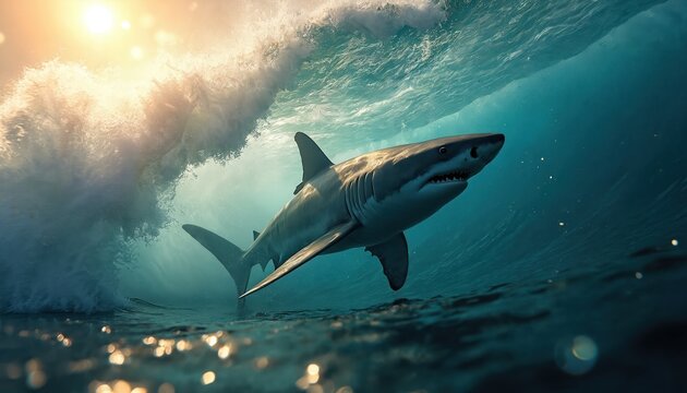 Great white swims in ocean wave sunlight filters through water surface. Predator hunts beneath calm blue sea waves with bright sunbeams shining down.