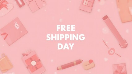 A pink advertisement background with various beauty products and free shipping day text