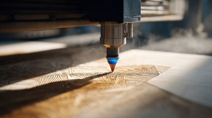 Medium shot focusing on hybrid laser technology blending CO2 and fiber capabilities to engrave complex artistic motifs on layered timber sheets.