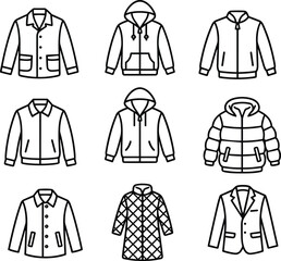 Winter outerwear line icon collection featuring jackets, coats, hoodies, quilted designs, warm clothing illustrations, minimalist fashion outline apparel set © JOYDIP ROY