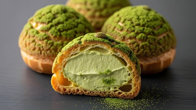 Close-up of matcha cream puff pastry cut in half, revealing a smooth green tea filling