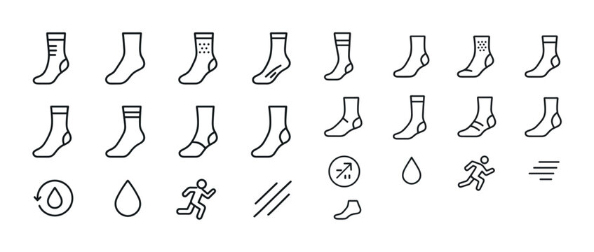 Variety of sock icons with symbols for moisture wicking and acti