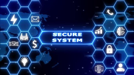 Secure system concept depicted with a global map and a network of digital within glowing blue hexagons and futuristic Keywords: secure, system, concept, global, map, network, digital, glowing - Powered by Adobe
