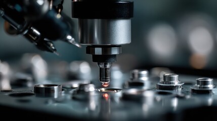 Fototapeta premium Hightech robotic setup conducting nonferrous metal inspection with multisensor fusion enhancing accuracy and efficiency in production quality checks.