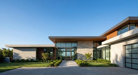 Fototapeta premium Modern Architectural Marvel: A stunning, contemporary house stands proud, its clean lines and expansive glass windows reflecting the clear blue sky above. It’s an example of modern design.