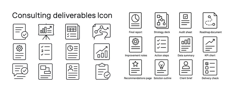 Consulting deliverables icon set - strategy, analysis, reporting