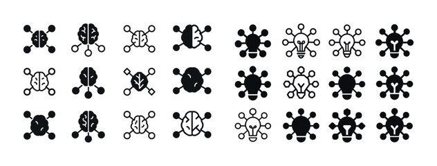 Set of brain and network icons in various styles and designs