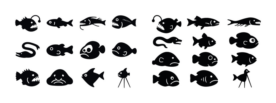 Silhouettes of various stylized fish with diverse shapes and fea