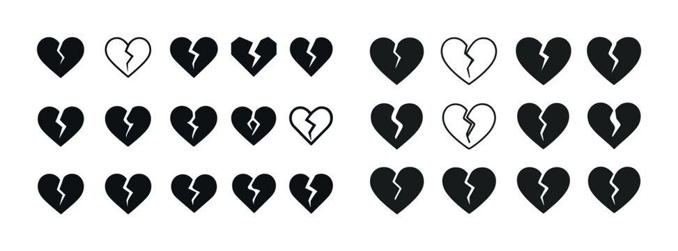 Set of broken heart icons in various styles on white background