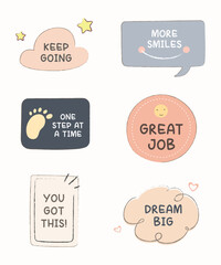 Sticker motivational doodle collection set. Clip art of motivation text with frame in vintage cute color for design, quote, print