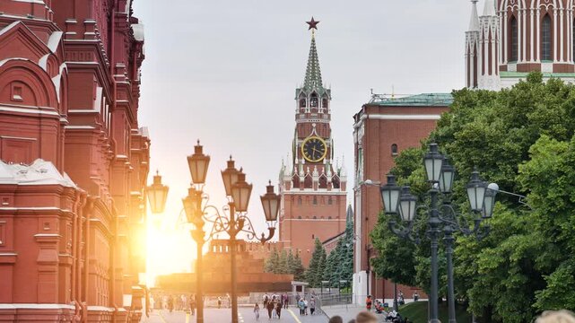 Spasskaya Tower and Kremlin walls during sunset in Red Square, Moscow, Russia