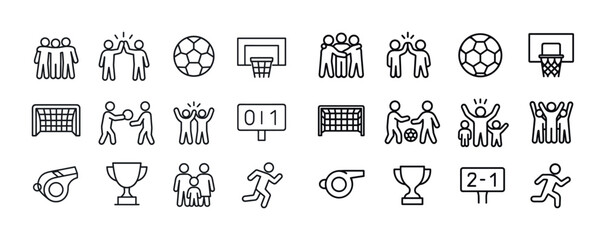 Simple line icons depicting soccer and basketball scenes