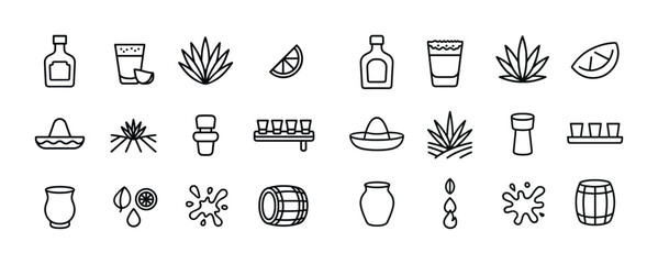 Set of hand-drawn icons of tequila, agave, shots, and barrels