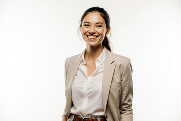 Happy successful woman standing in casual outfit, smiling pleased at camera and looking confident, standing against white background