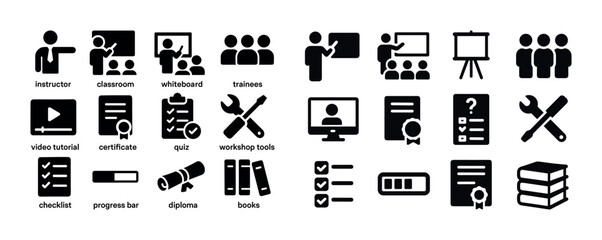Educational icons set: instructor, classroom, workshop tools, vi
