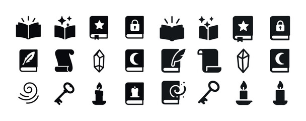 Collection of black magical and mystical icon set with books, ke
