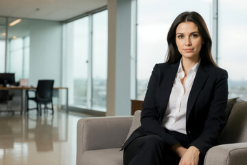 Female executive sitting on sofa in office lobby. Confident businesswoman in lobby looking at camera.