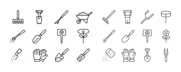 Set of 24 outline garden tool icons including spades, rakes, whe