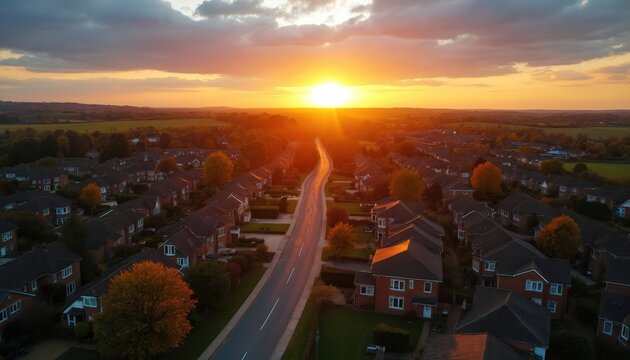 Aerial view of residential street lined with houses at sunset. Warm glow bathes suburban neighborhood and countryside beyond. Autumn trees add color to peaceful scene.