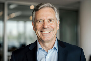 Close up portrait of mature adult business man with gray hair and suit smiling and looking at camera with succesful attitude. Happy corporate lawyer with white perfect teeth standing at workspace