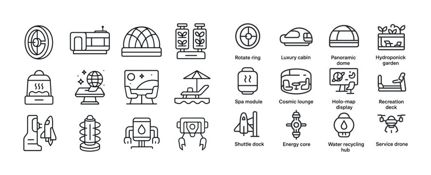 Space tourism icons: luxury cabins, recreation, and advanced tec