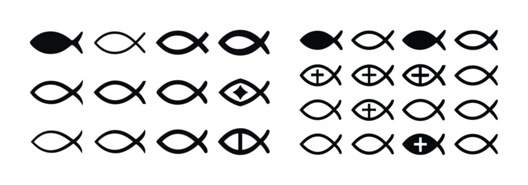 Variety of ichthys symbols with diverse designs and cross variat