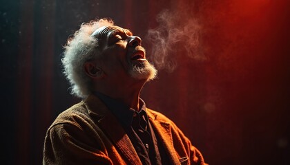 Elderly man performs passionately on stage, exhaling smoke or vapor. His face shows intense emotion under theatrical lighting. He appears to be an actor in a dramatic play, engrossed in his role.