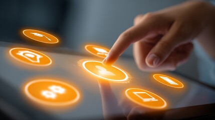 A close-up of a hand tapping on a digital tablet screen with glowing application icons.
