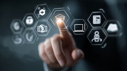 A business professional interacts with digital educational icons, symbolizing innovation in learning.