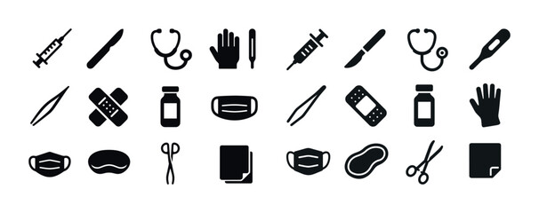 Medical icons set: syringe, stethoscope, scalpel, thermometer, m