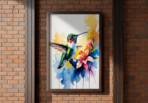 Vibrant Watercolor Bird Poster on Brick Wall